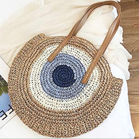 ❤️❤️❤️❤️Tan Basket Straw Top Handle Bag Beach Vacation Shoulder Tote Purse NEW - Picture 5 of 12